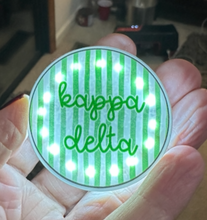 Load image into Gallery viewer, Sorority Light Up LED Game Day Pin Back Button Kappa Delta KD Green and White Stripes