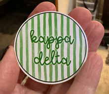Load image into Gallery viewer, Sorority Light Up LED Game Day Pin Back Button Kappa Delta KD Green and White Stripes