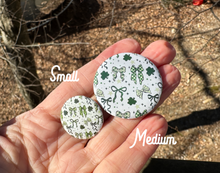 Load image into Gallery viewer, Pin Back Button Lucky Green Coquette Bows