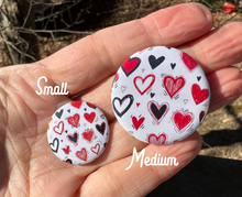 Load image into Gallery viewer, Pin Back Button Red and Black Hearts