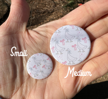 Load image into Gallery viewer, Pin Back Button Goose with pink bows