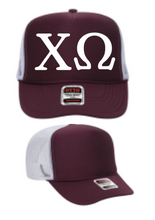 Load image into Gallery viewer, Maroon Foam Front White Mesh Back Trucker Hat White Greek Letters Chi Omega