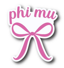 Load image into Gallery viewer, Sticker | PM | Phi Mu Pink Bow | Waterproof Vinyl Sticker | White | Clear | Permanent | Removable | Window Cling | Glitter | Holographic