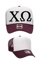 Load image into Gallery viewer, White Foam Front Maroon Mesh Back Trucker Hat Black Greek Letters Chi Omega