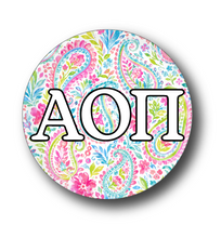 Load image into Gallery viewer, Alpha Omicron Pi Paisley2 Pin Back Button