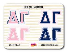 Load image into Gallery viewer, Sticker Sheet | Delta Gamma | Set of 3 inch Sorority Greek Letters stickers 6 X 8