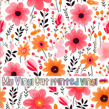 Load image into Gallery viewer, Printed Vinyl | Pink and Orange Flowers | Permanent Removable Adhesive | Permanent Glitter Adhesive | HTV | Glitter HTV | 12 x 12 inches | ONE Sheet