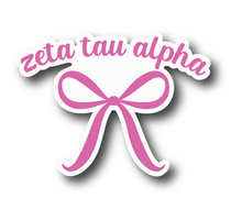 Load image into Gallery viewer, Sticker | ZTA | Zeta Tau Alpha Pink Bow | Waterproof Vinyl Sticker | White | Clear | Permanent | Removable | Window Cling | Glitter | Holographic