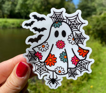 Load image into Gallery viewer, Sticker | 56B | Ghost with Flowers Webs | Waterproof Vinyl Sticker | White | Clear | Permanent | Removable | Window Cling | Glitter | Holographic