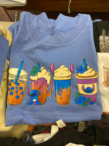 Boxercraft Brand Periwinkle Long Sleeved T Shirt with Stitch Drinks Design