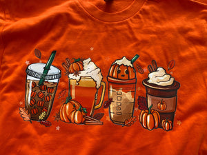 Orange 100% Cotton T Shirt for Fall with Pumpkin Spice Coffee Drinks Designs