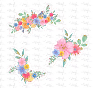 Sticker | 34P | 3 Flowers | Waterproof Vinyl Sticker | White | Clear | Permanent | Removable | Window Cling | Glitter | Holographic