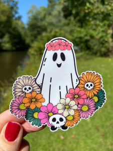 Sticker | 56D | Hippie Ghost with Flowers | Waterproof Vinyl Sticker | White | Clear | Permanent | Removable | Window Cling | Glitter | Holographic