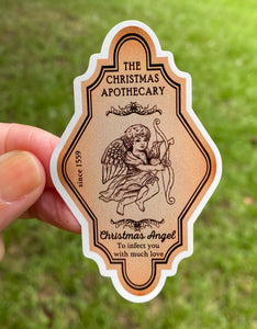 Sticker | 26M | Apothecary Label Christmas Angel | Waterproof Vinyl Sticker | White | Clear | Permanent | Removable | Window Cling | Glitter | Holographic