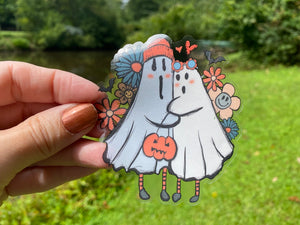 Sticker | 56C | Ghost Couple with Flowers | Waterproof Vinyl Sticker | White | Clear | Permanent | Removable | Window Cling | Glitter | Holographic