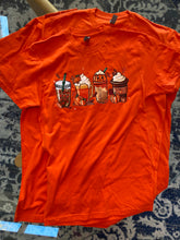 Load image into Gallery viewer, Orange 100% Cotton T Shirt for Fall with Pumpkin Spice Coffee Drinks Designs