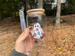 Drinkware 16 oz Clear Glass Soda Can Shaped Drinking Glass with Ghost Halloween Sticker