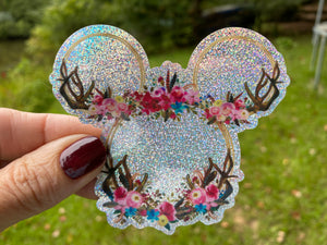 Sticker | 49P | Ears with Flowers | Waterproof Vinyl Sticker | White | Clear | Permanent | Removable | Window Cling | Glitter | Holographic