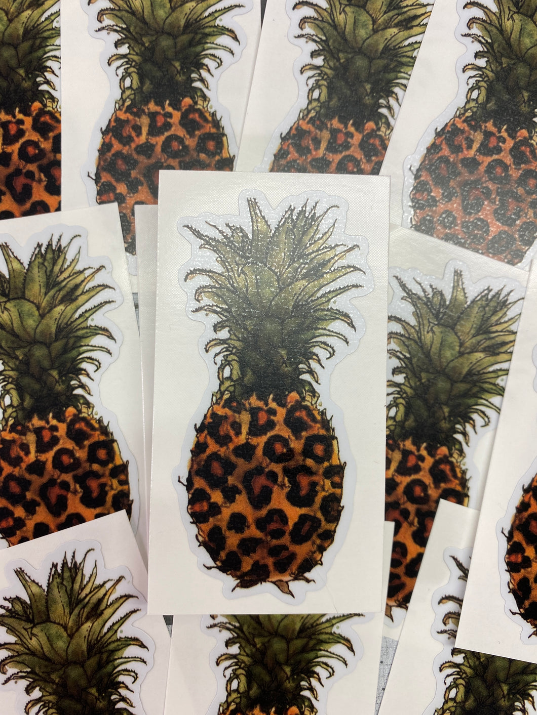 Sticker | 39B | Leopard Pineapple | Waterproof Vinyl Sticker | White | Clear | Permanent | Removable | Window Cling | Glitter | Holographic