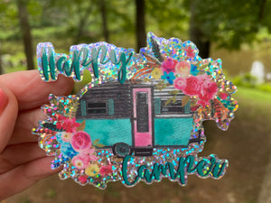 Sticker | 17C | Happy Camper | Waterproof Vinyl Sticker | White | Clear | Permanent | Removable | Window Cling | Glitter | Holographic