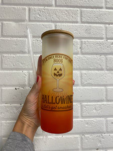 Drinkware 25 oz Orange Ombre Frosted Tall Skinny Glass Tumbler Halloween Design