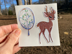 Sticker | 34C | Deer and Tree | Waterproof Vinyl Sticker | White | Clear | Permanent | Removable | Window Cling | Glitter | Holographic