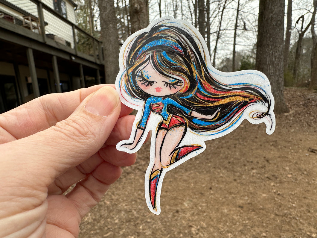 Sticker | 66G | SUPER HERO GIRL | Waterproof Vinyl Sticker | White | Clear | Permanent | Removable | Window Cling | Glitter | Holographic