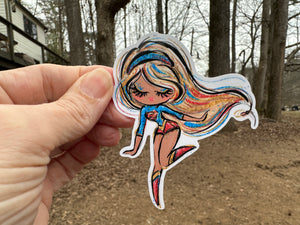 Sticker | 66K | SUPER HERO GIRL | Waterproof Vinyl Sticker | White | Clear | Permanent | Removable | Window Cling | Glitter | Holographic