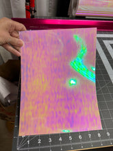 Load image into Gallery viewer, Holographic Pink Opal Laminating Sheets 4 x 12, 6 x 11, 8 1/2 x 11, 12 x 12 inches for Cold Laminating Sticker Overlay