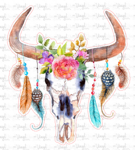 Sticker H11 Watercolor Cow Skull with Feathers