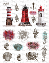 Load image into Gallery viewer, Waterslide Sheet of Decals RED WHITE LIGHTHOUSES Theme