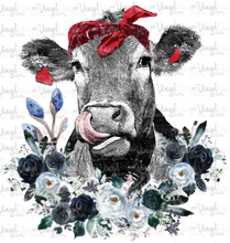 Load image into Gallery viewer, Waterslide Decal Cow Licking Nose with Blue Flowers
