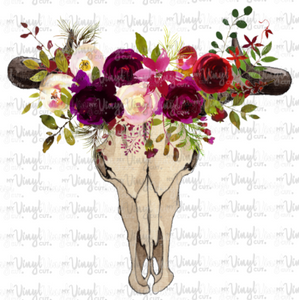 Waterslide Decal Cow Skull (2) with Burgundy Flowers