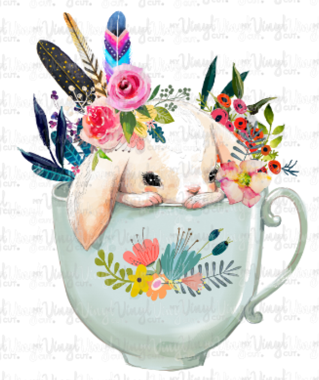 Waterslide Decal Sweet Easter Bunny in a Tea Cup with Flowers