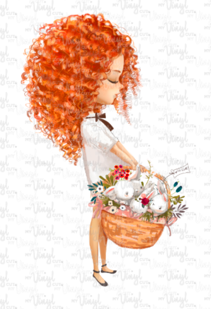 Waterslide Decal Girl with Red Hair and Bunny Basket