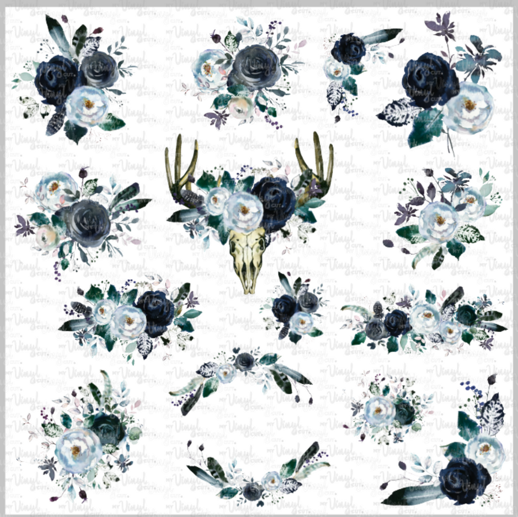 Waterslide Decal Sheet 12 x 12 inch Navy Peony Flowers Boho Deer Skull