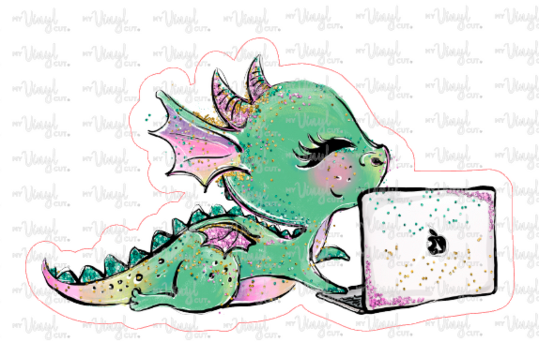 Sticker 14L Dragon Blogging on a Laptop