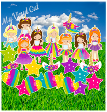 Load image into Gallery viewer, Yard Art Flair Colorful Unicorn Girls 19 pc Set Birthday Lawn Lettering PURCHASE Outdoor Party Decorations