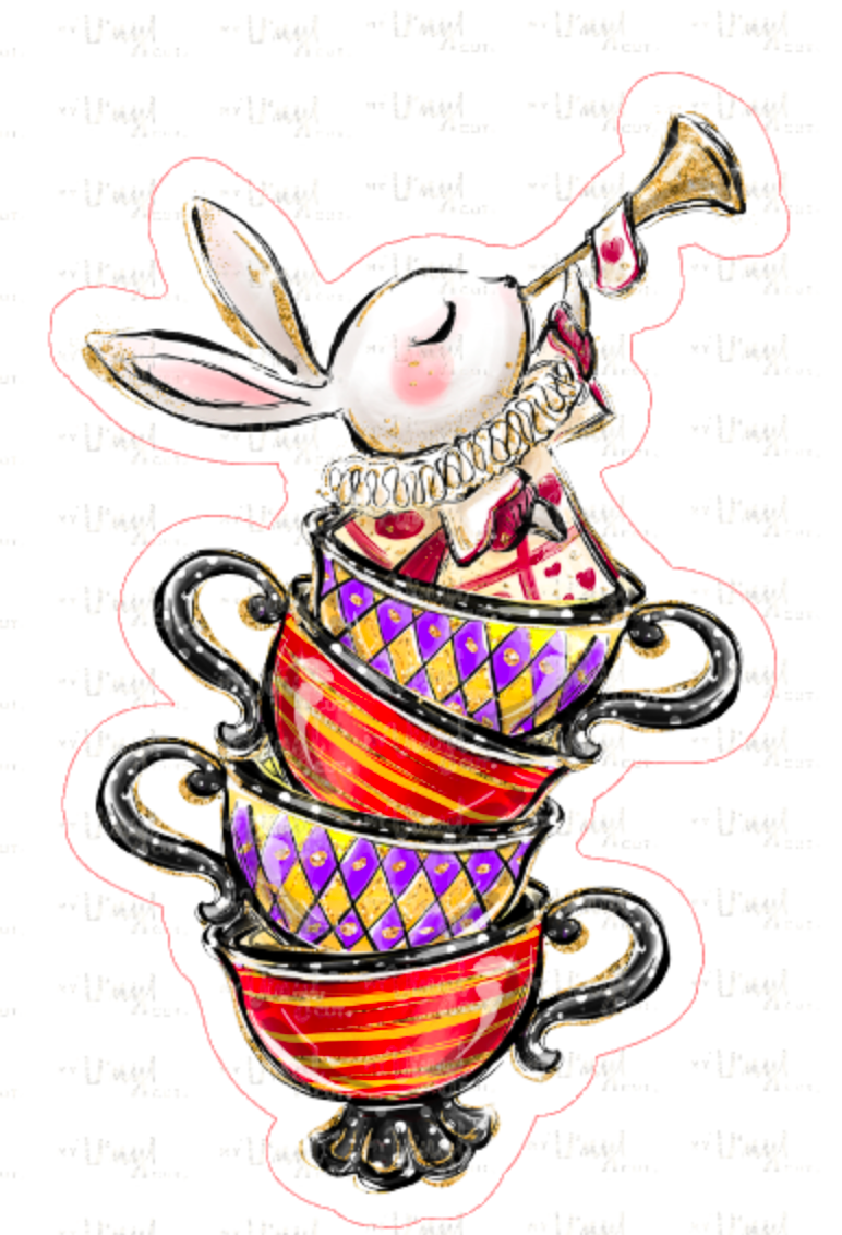 Sticker 43N Alice in Wonderland White Rabbit in Tea Cups