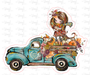 Sticker 28E Fall Market Vintage Truck with Girl, Brown Straight Hair