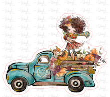 Load image into Gallery viewer, Sticker 28E Fall Market Vintage Truck with Girl, Brown Curly Hair