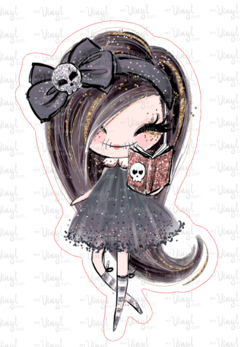 Sticker | 20A1 Halloween Girl Brown Hair | Waterproof Vinyl Sticker | White | Clear | Permanent | Removable | Window Cling | Glitter | Holographic