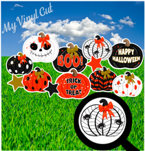 Load image into Gallery viewer, Yard Art Flair Orange and Black Pumpkin 12 pc Set Halloween Lawn Lettering PURCHASE Outdoor Party Decorations