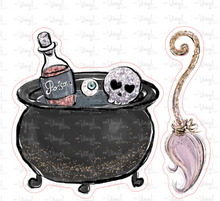 Load image into Gallery viewer, Sticker | 20K Halloween Cauldron Broom | Waterproof Vinyl Sticker | White | Clear | Permanent | Removable | Window Cling | Glitter | Holographic