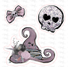 Load image into Gallery viewer, Sticker | 20O Halloween Witch Hat Skull | Waterproof Vinyl Sticker | White | Clear | Permanent | Removable | Window Cling | Glitter | Holographic