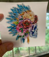 Load image into Gallery viewer, Sticker | 13P Human Skull with Feather Headdress | Waterproof Vinyl Sticker | White | Clear | Permanent | Removable | Window Cling | Glitter | Holographic