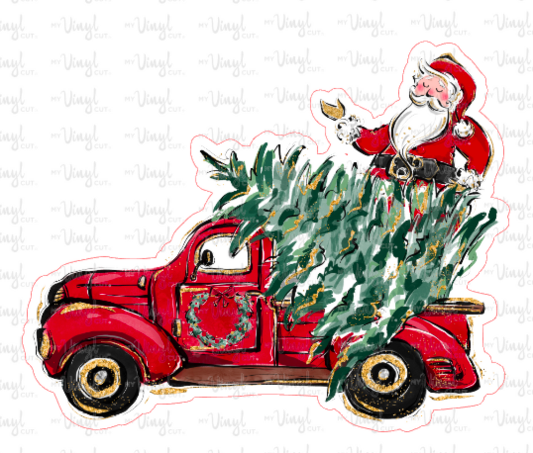 Sticker | 30E | Red Truck w/Tree and Santa | Waterproof Vinyl Sticker | White | Clear | Permanent | Removable | Window Cling | Glitter | Holographic
