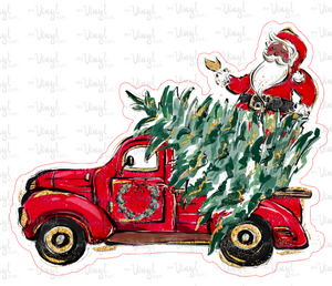 Sticker | 30F | Santa in Red Truck with Tree | Waterproof Vinyl Sticker | White | Clear | Permanent | Removable | Window Cling | Glitter | Holographic