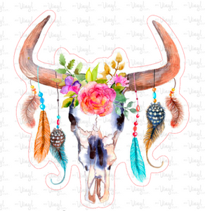 Sticker | H11 | Cow Skull with Feathers | Waterproof Vinyl Sticker | White | Clear | Permanent | Removable | Window Cling | Glitter | Holographic