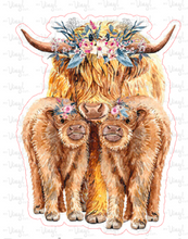 Load image into Gallery viewer, Sticker | 39M | Highland Cow with calves | Waterproof Vinyl Sticker | White | Clear | Permanent | Removable | Window Cling | Glitter | Holographic